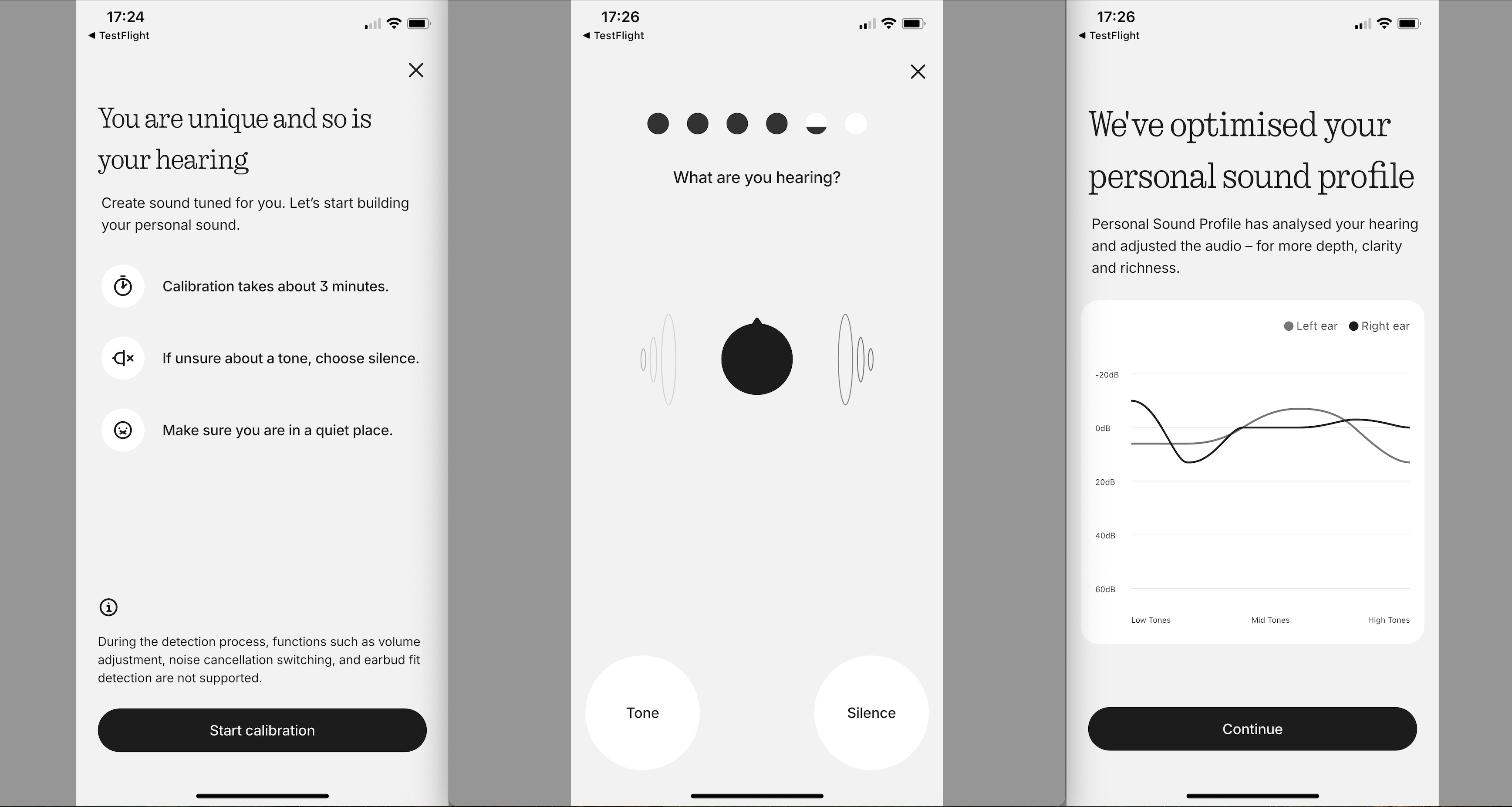 Nothing Ear (3) screen grab of three app images, showing the personal sound curation software