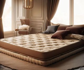 A mattress on the floor, topped with brown throw pillows, against a brown wall.