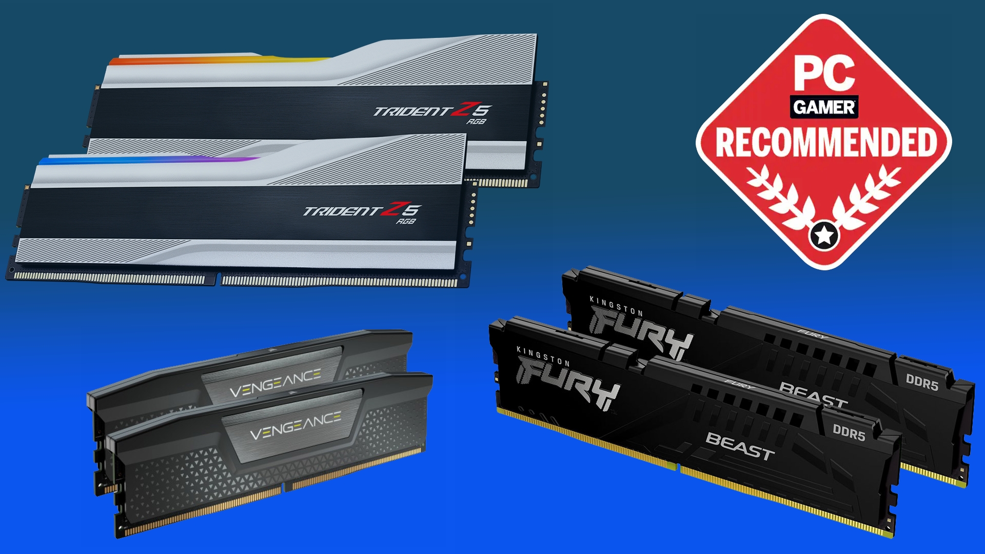 Une image de la meilleure RAM DDR5 pour les jeux 2022 sur fond bleu avec un badge recommandé par PC Gamer.
