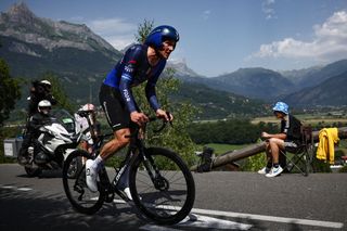 Groupama - FDJ's Swiss rider Stefan Kung cycles during the 16th stage of the 110th edition of the Tour de France cycling race, 22 km individual time trial between Passy and Combloux, in the French Alps, on July 18, 2023. (Photo by Anne-Christine POUJOULAT / AFP)