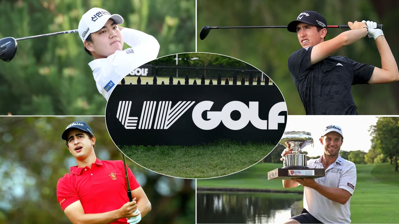 A LIV Golf logo and four of its new signings for 2025