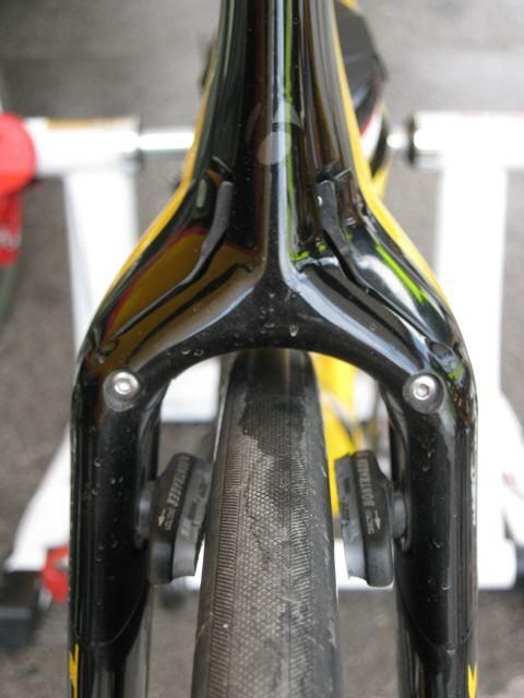 The front brake of the Trek bike