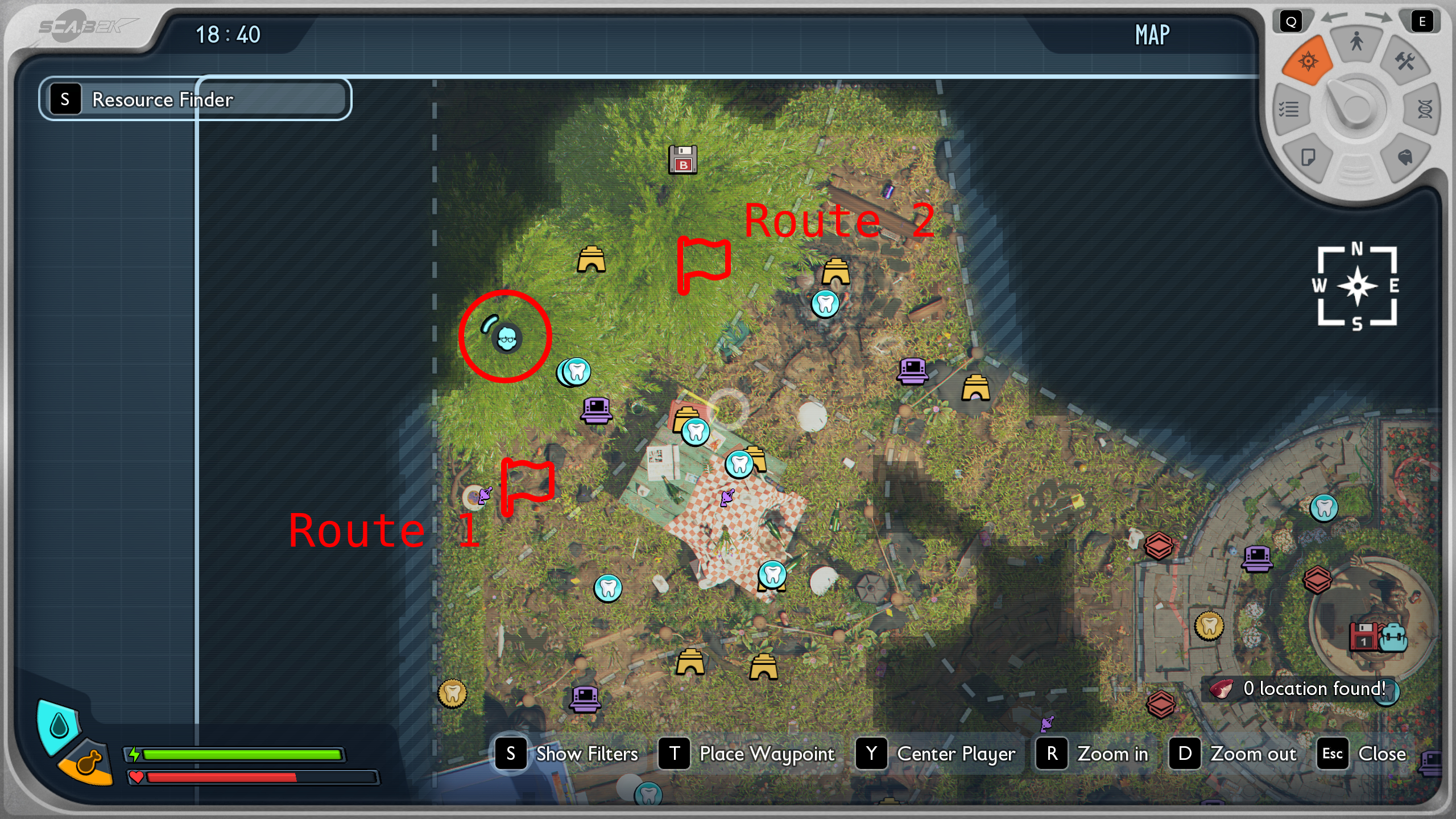 Grounded 2 Sizzling Key: An annotated map showing you where to find the Sizzling Key chest in Pine Hill, with two flags signifying different routes.