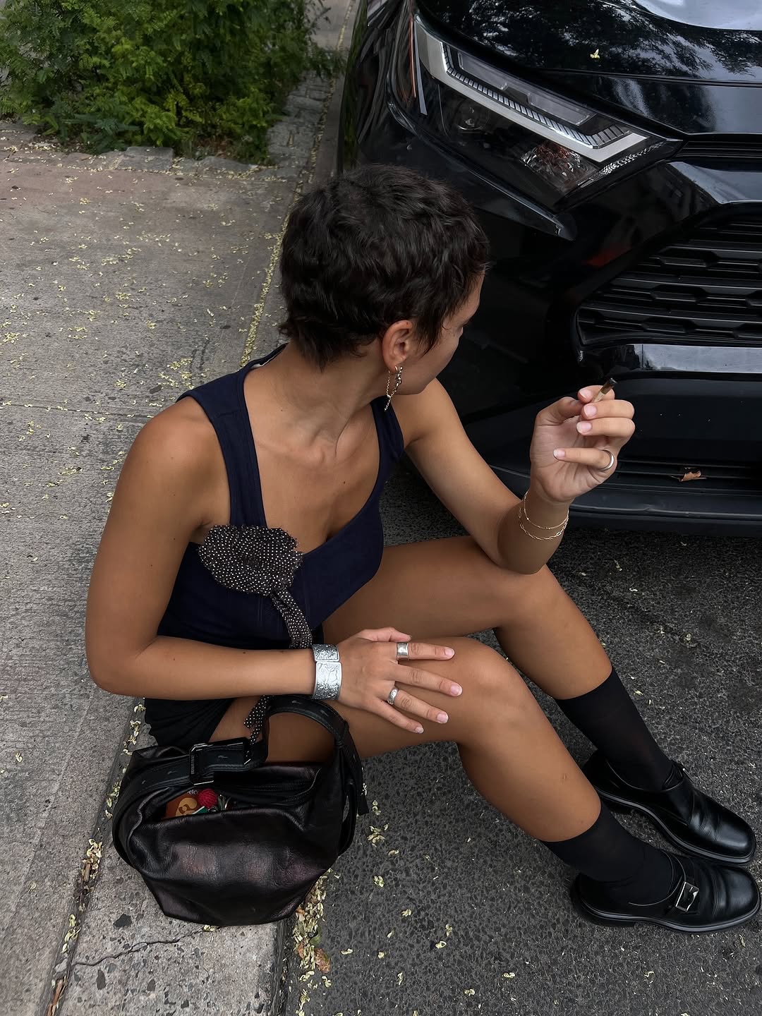 woman wearing knee high sock outfit