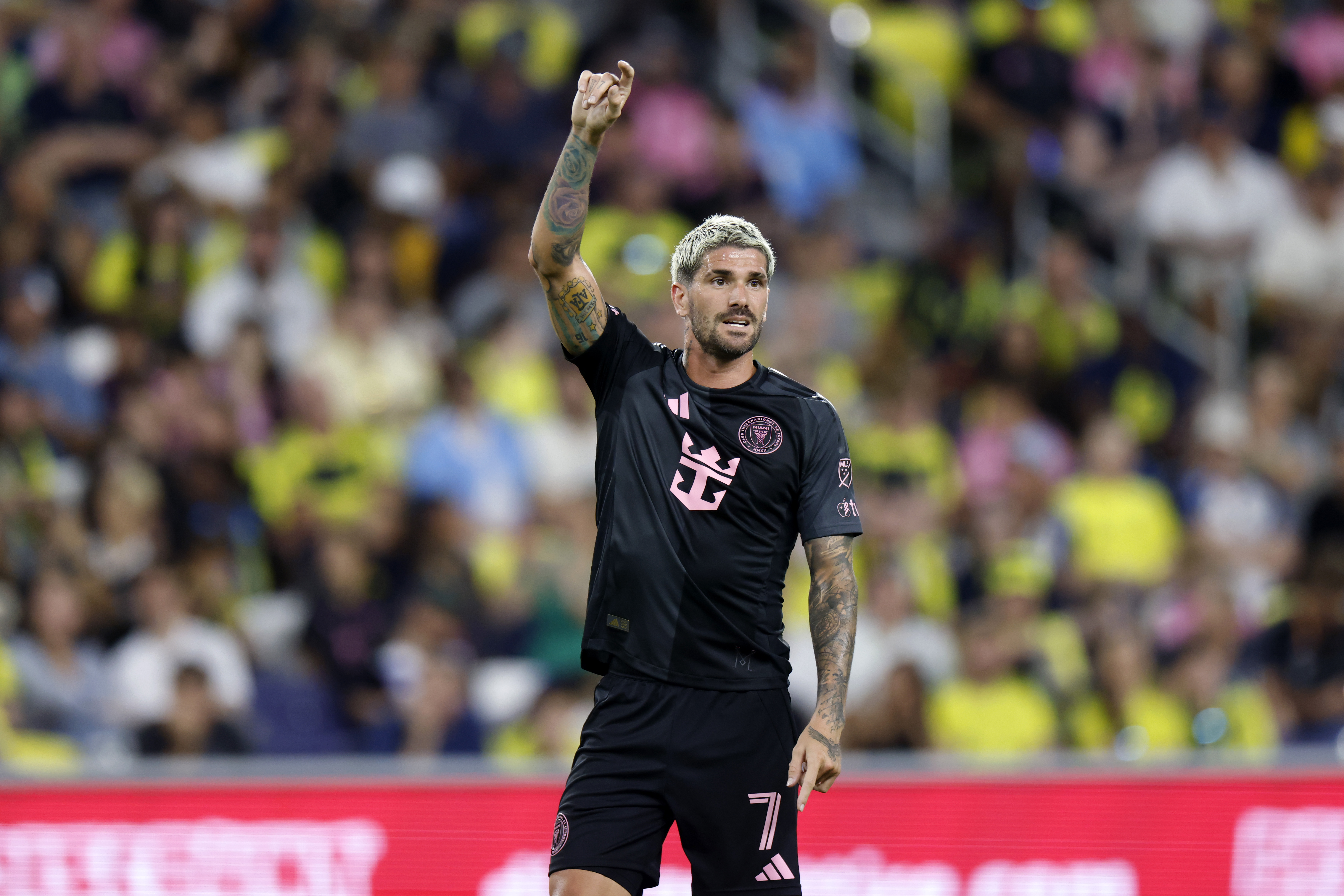 NASHVILLE, TENNESSEE - OCTOBER 18: Rodrigo De Paul #7 of Inter Miami CF reacts during the MLS match between Nashville SC and Inter Miami CF at GEODIS Park on October 18, 2025 in Nashville, Tennessee. (Photo by Johnnie Izquierdo/Getty Images)