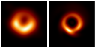 A side by side comparison of the M87* black hole image before (left) and after (right) being sharpened by the PRIMO algorithm.