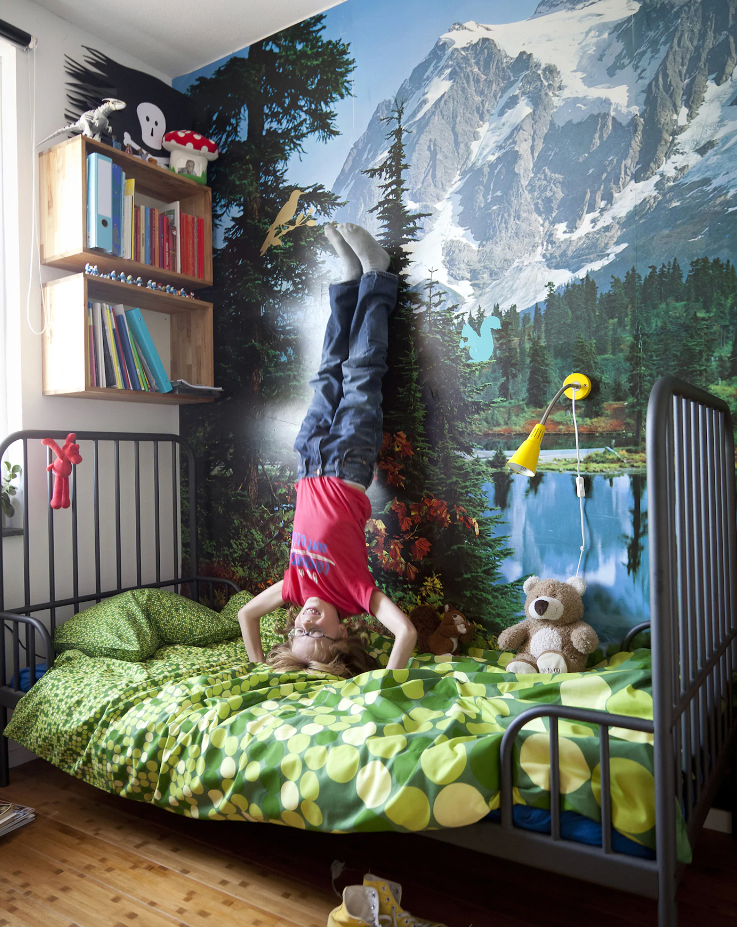 Boys bedroom with mountain mural