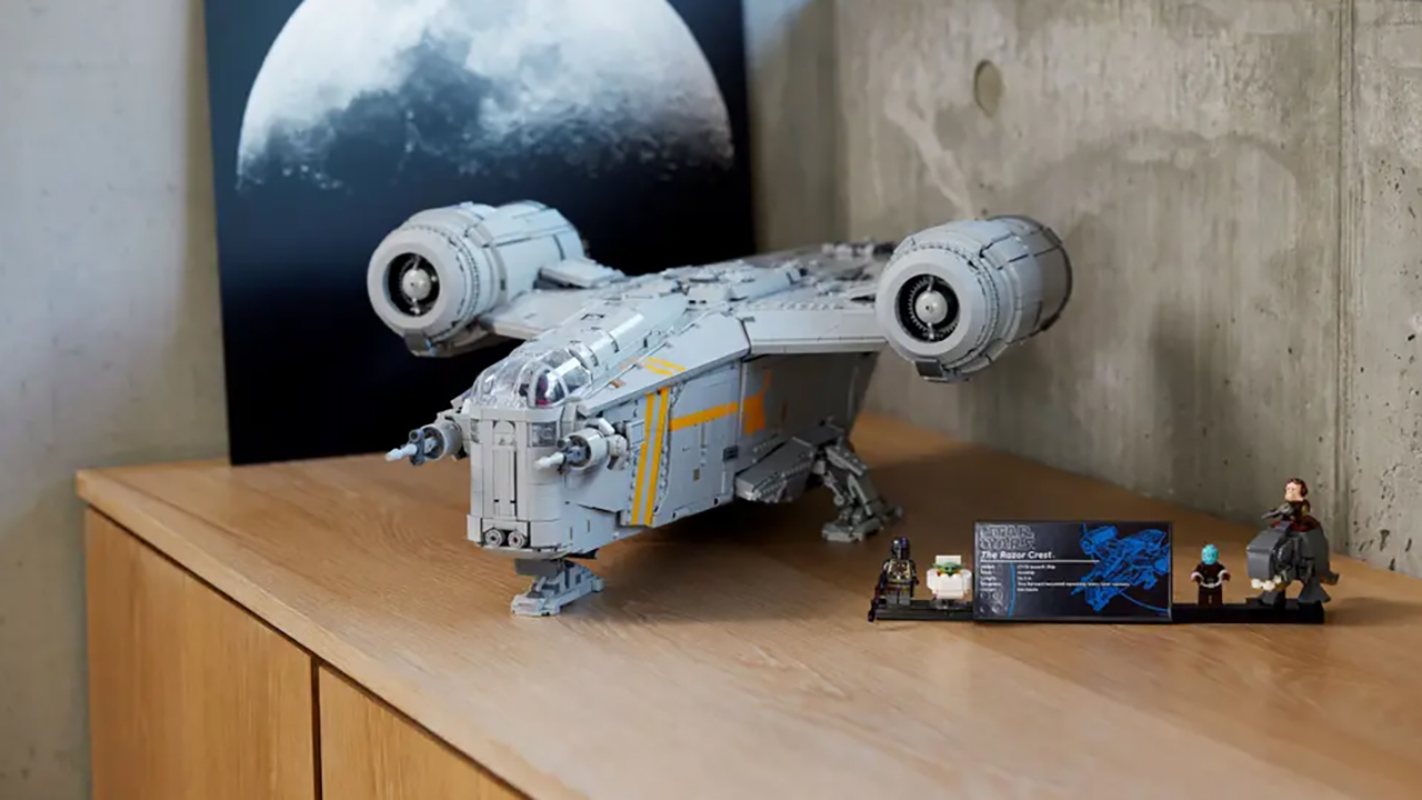 Lego Razor Crest set on a sideboard