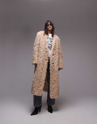 Topshop Faux Fur Collarless Long Coat in Honey