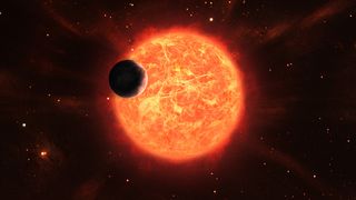 graphic illustration of a red giant star and a moon in the foreground. The bulging star is a fiery orange red. 