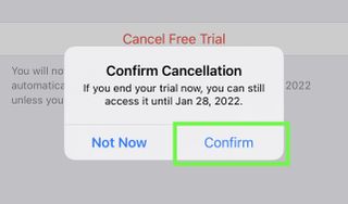 A green box highlights Confirm in Confirm Cancellation pop-up