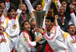 Galatasaray players celebrate after victory against Arsenal on penalties in the 2000 UEFA Cup final.