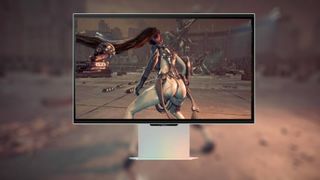 Samsung Odyssey G90XF 3D monitor with Stellar Blade gameplay on screen featuring protagonist Eve with back to camera.