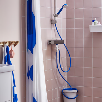 IKEA BERGVATTNET collection in pink tiled shower.