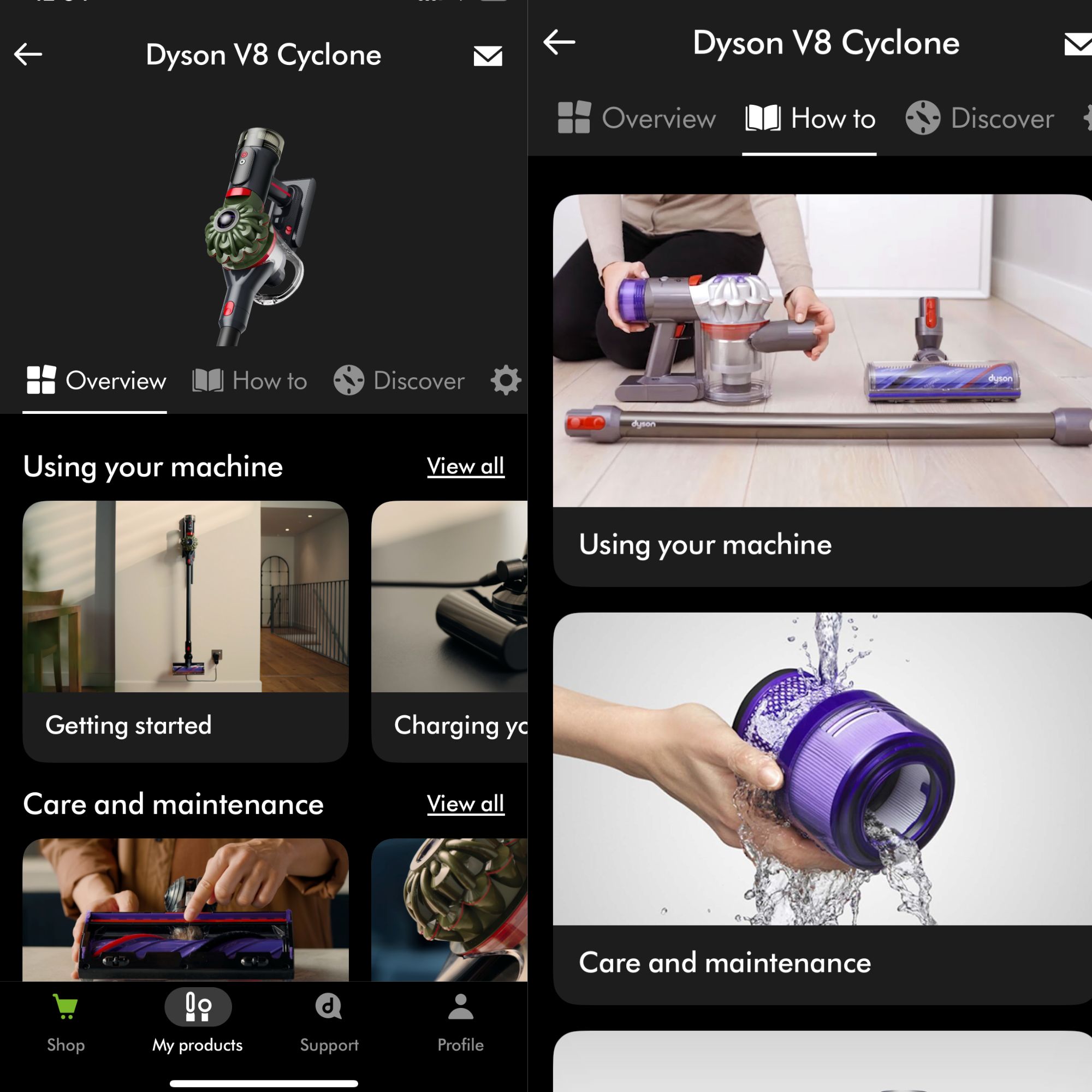 Screenshots of the Dyson V8 Cyclone app