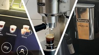 Split image of three De'Longhi coffee makers, showing interface, machine dispensing coffee, and close-up of branding