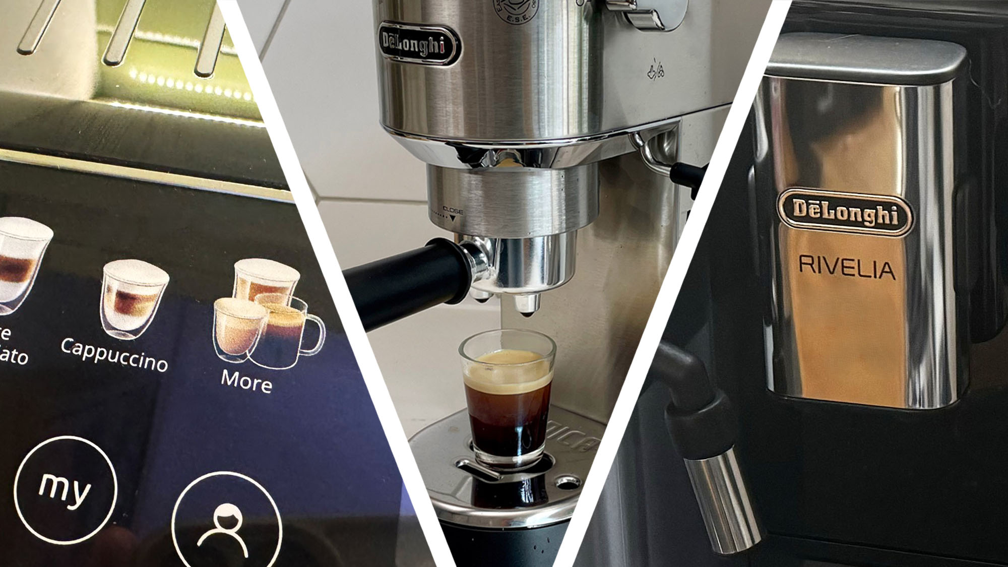 Split image of three De'Longhi coffee makers, showing interface, machine dispensing coffee, and close-up of branding