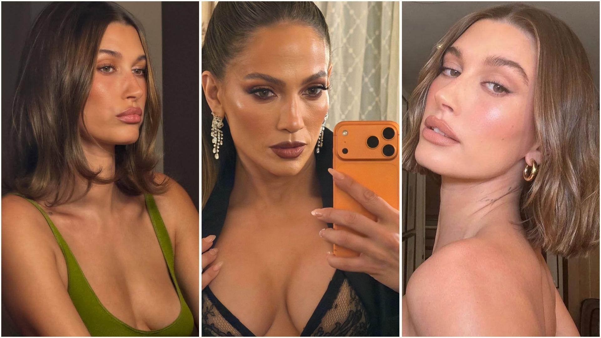 A collage of Hailey Bieber and Jennifer Lopez wearing statement lip looks