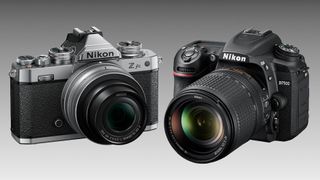 Nikon Z fc and Nikon D7500 against a grey background