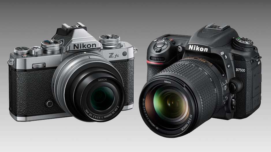 Nikon Z fc and Nikon D7500 against a grey background