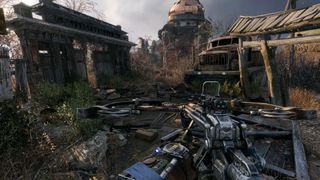 A screenshot of a player exploring the ruined city during the FPS game Metro Exodus.