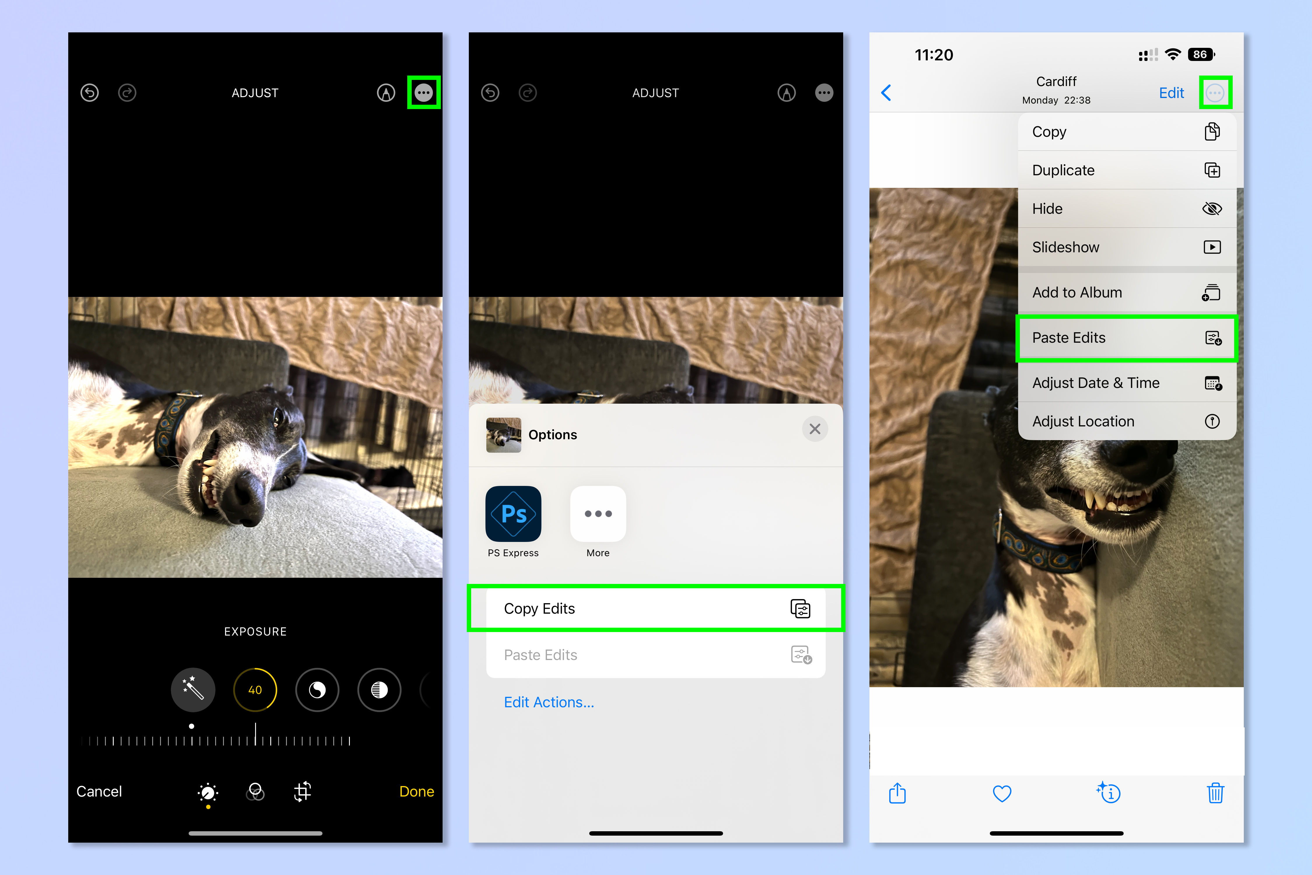 Скриншоты, показывающие шаги, необходимые для использования новых функций iOS Photos в iOS 16.