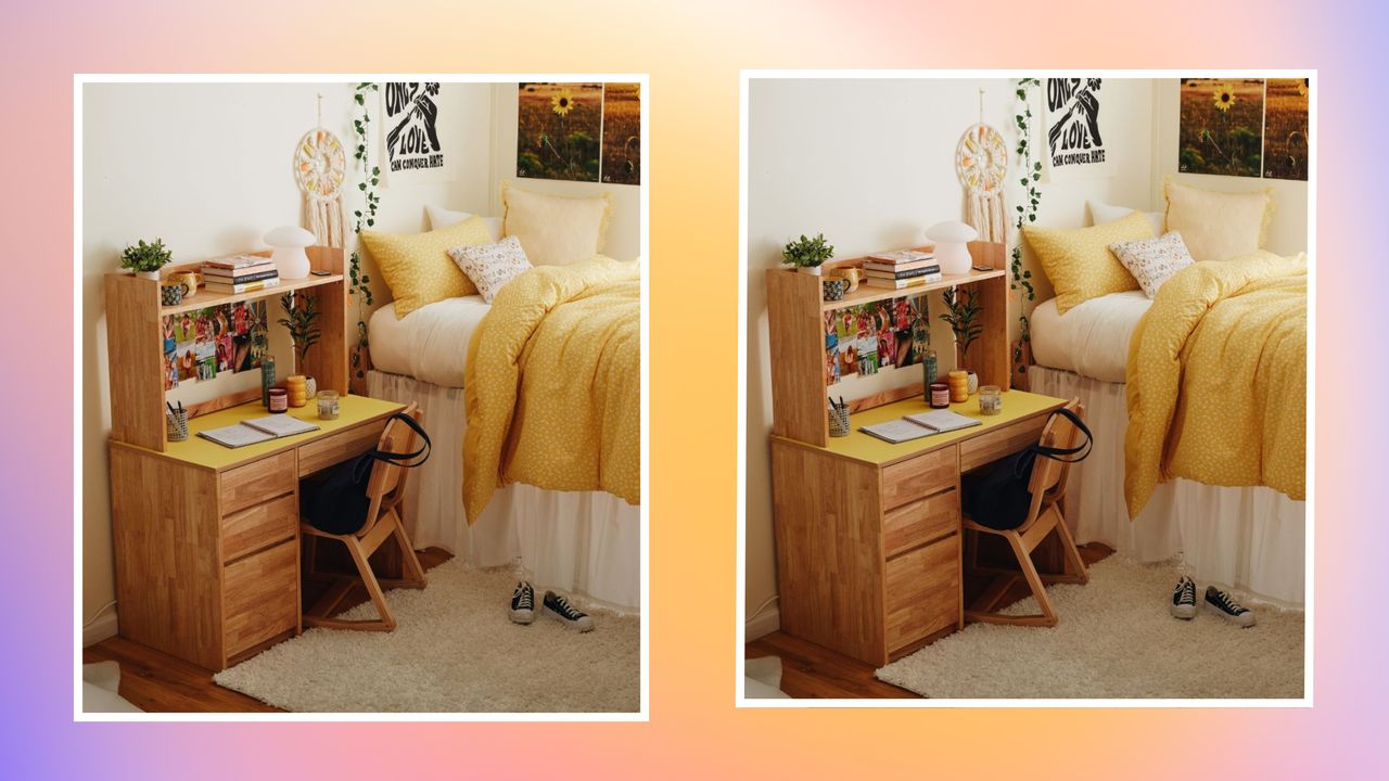 Two images of a a wooden desk and yellow bed