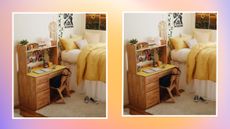 Two images of a a wooden desk and yellow bed