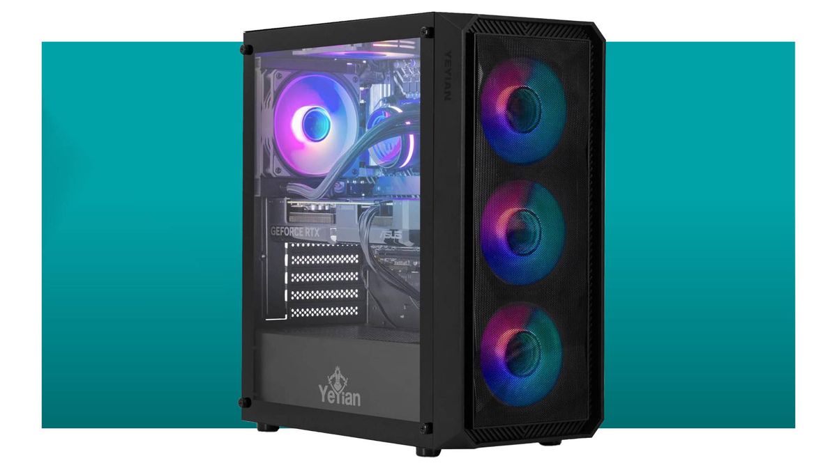 Yeyian Tanto gaming PC against a teal background with a white border