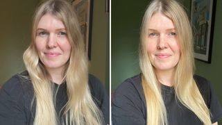 Beauty editor Fiona with air dried hair (L) and after blow drying with the shark hair dryer (R)