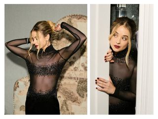 Raechelle Banno gets ready for the European premiere of Better Man, wearing a black beaded dress and Chopard diamond jewellery