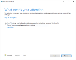 Windows 10 May 2020 Update memory integrity error
