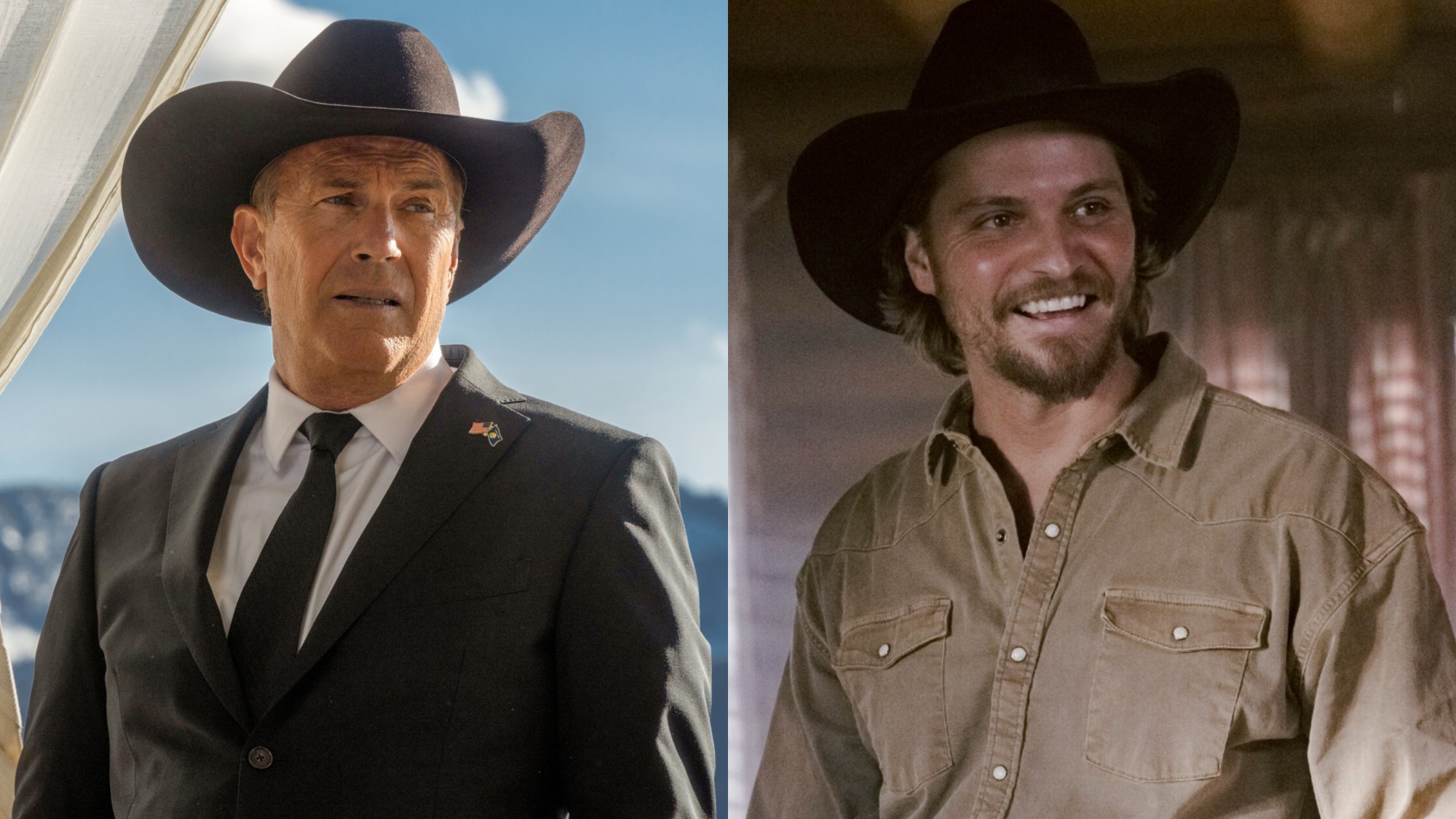 From L to R: Kevin Costner as John Dutton on Yellowstone, Luke Grimes as Kayce Dutton on Marshals.
