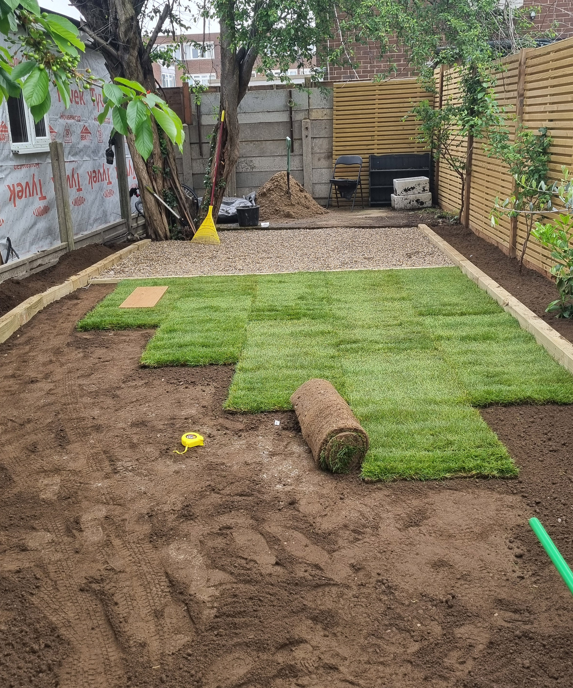 A garden area which has been prepped for turf to be layed