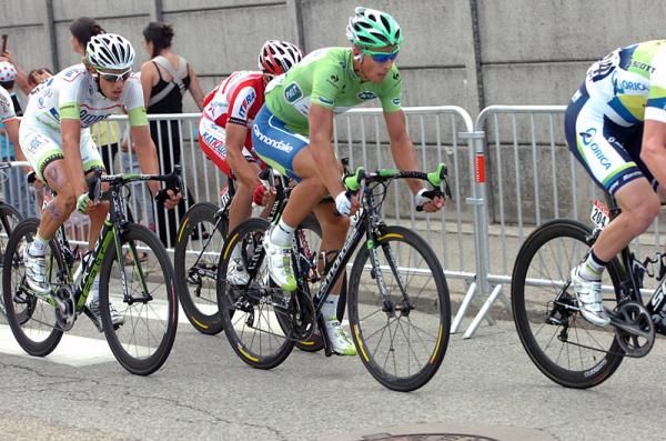 Points classification leader Peter Sagan (Liquigas-Cannondale) inside the final kilometre of stage 12.