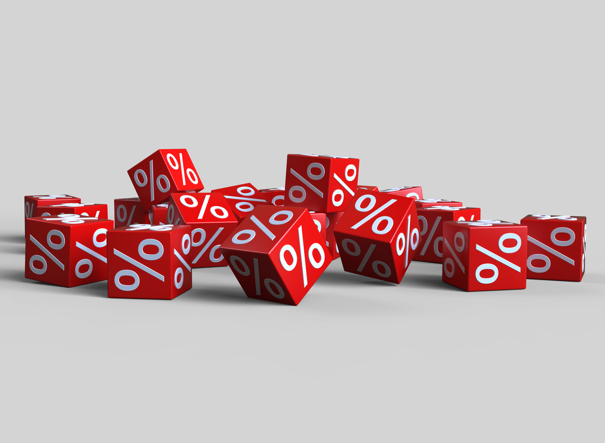 pile of red cubes with white percent signs on them