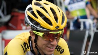 New Zealand's George Bennett of the Lotto NL - Jumbo team wearing the Bell Gage team helmet and a pair of Rudy Project sunglasses