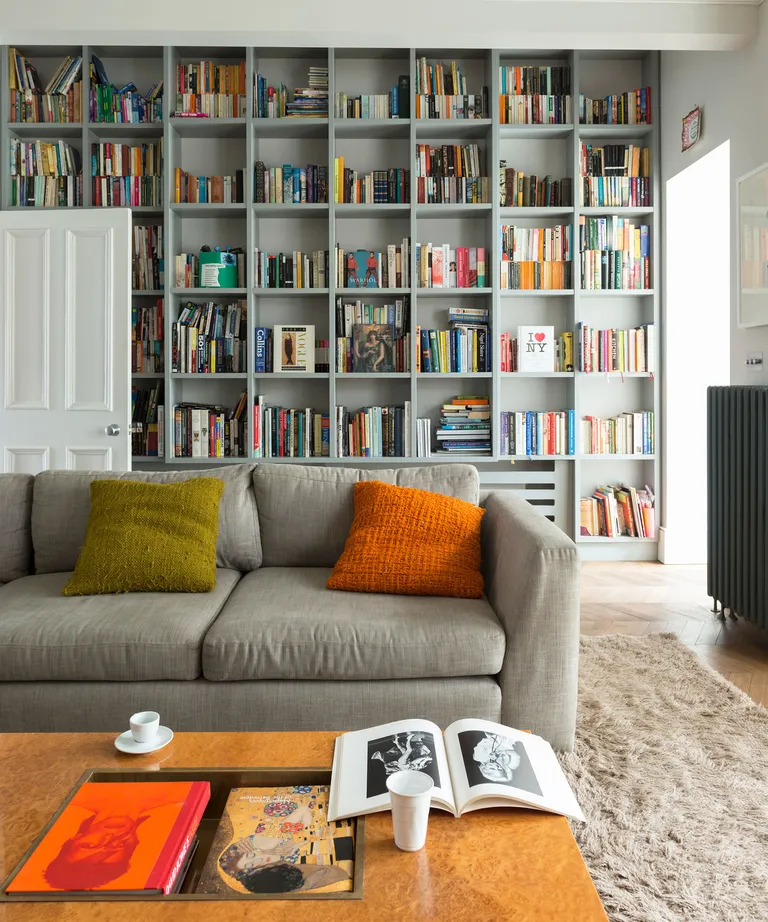 Living room with grey shelving and sofa