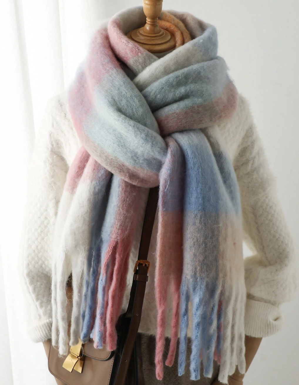 SHEIN, Striped Plaid Imitate Cashmere Winter Scarf in Gray Blue Pink