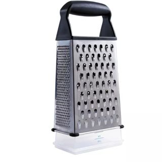 a metal box grater for foods such as cheese on a white background