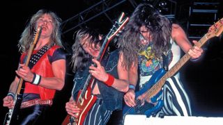 [from left] Dave Murray, Adrian Smith and Steve Harris perform at the UIC Pavillion in Chicago September 30, 1983