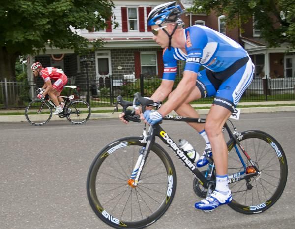 Johan Landstrom (Cykelcity) launches an attack up the far gutter.