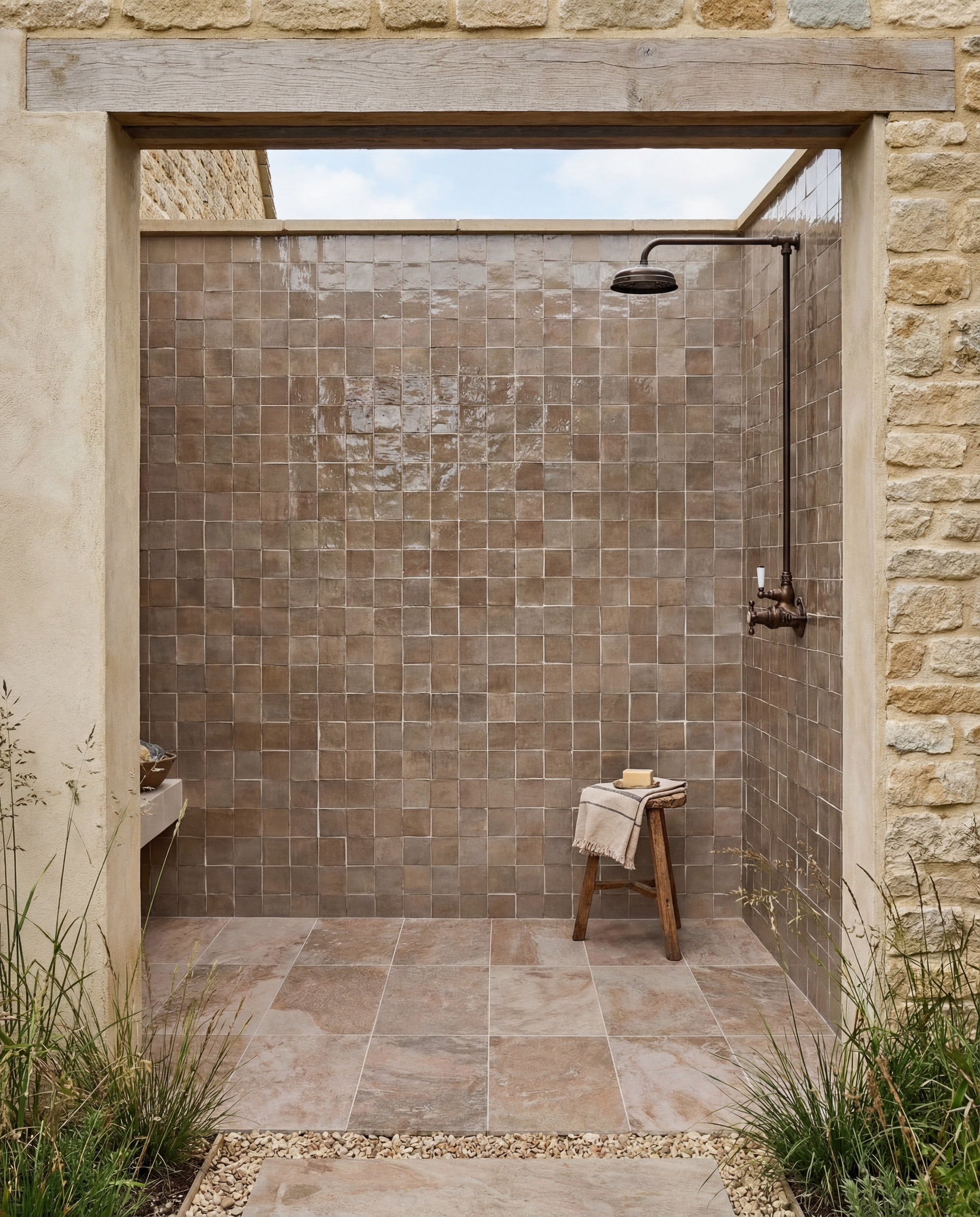 outdoor shower with glossy square tiles from Ca' Pietra and a stool, bench seat, and open top