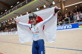 Picture by Alex Whitehead/SWpix.com - 17/10/2024 - Cycling - Tissot UCI 2024 Track World Championships Ballerup - Copenhagen, Denmark - Ballerup Super Arena - Men's Scratch Race - Kazushige Kuboki (Japan) celebrates winning the 2024 Men's Scratch Race World Championship