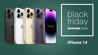 iPhone 14-Modelle in einer Reihe auf einfarbigem Hintergrund und mit "Black Friday"-Badge