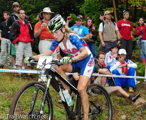 Willow Koerber (USA) riding her 29-inch bike up the switchbacks