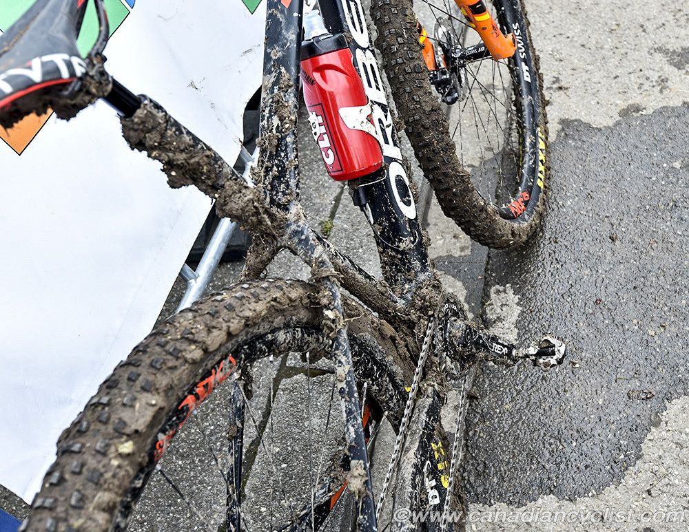 The mud build up on Catharine Pendrels bike added more than 6 pounds