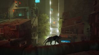 A cat wanders the streets of Stray's city.