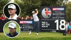 Main picture of Thriston Lawrence hitting driver from the 18th tee at The Belfry's Brabazon Course during round four of the 2024 British Masters with inset headshots of Nicolai Hojgaard (top left) and Matt Fitzpatrick (bottom left)