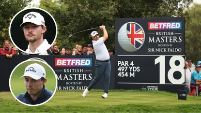 Main picture of Thriston Lawrence hitting driver from the 18th tee at The Belfry's Brabazon Course during round four of the 2024 British Masters with inset headshots of Nicolai Hojgaard (top left) and Matt Fitzpatrick (bottom left)